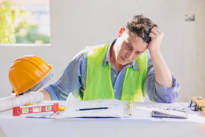 Overwhelmed contractor struggling with paperwork, reflecting reputational damage