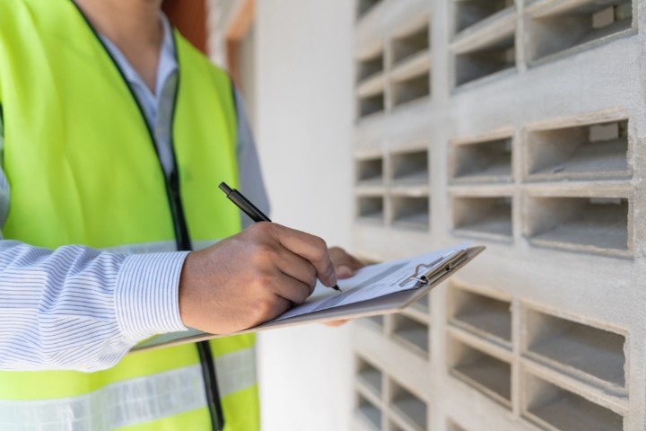 Surety Bond Consultant in a reflective vest reviewing bond documents at a construction site